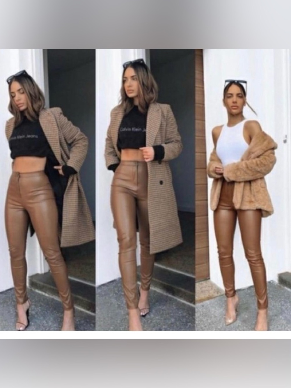 Zara Camel brown faux leather pleather vegan high-rise leggings pants zip ankle